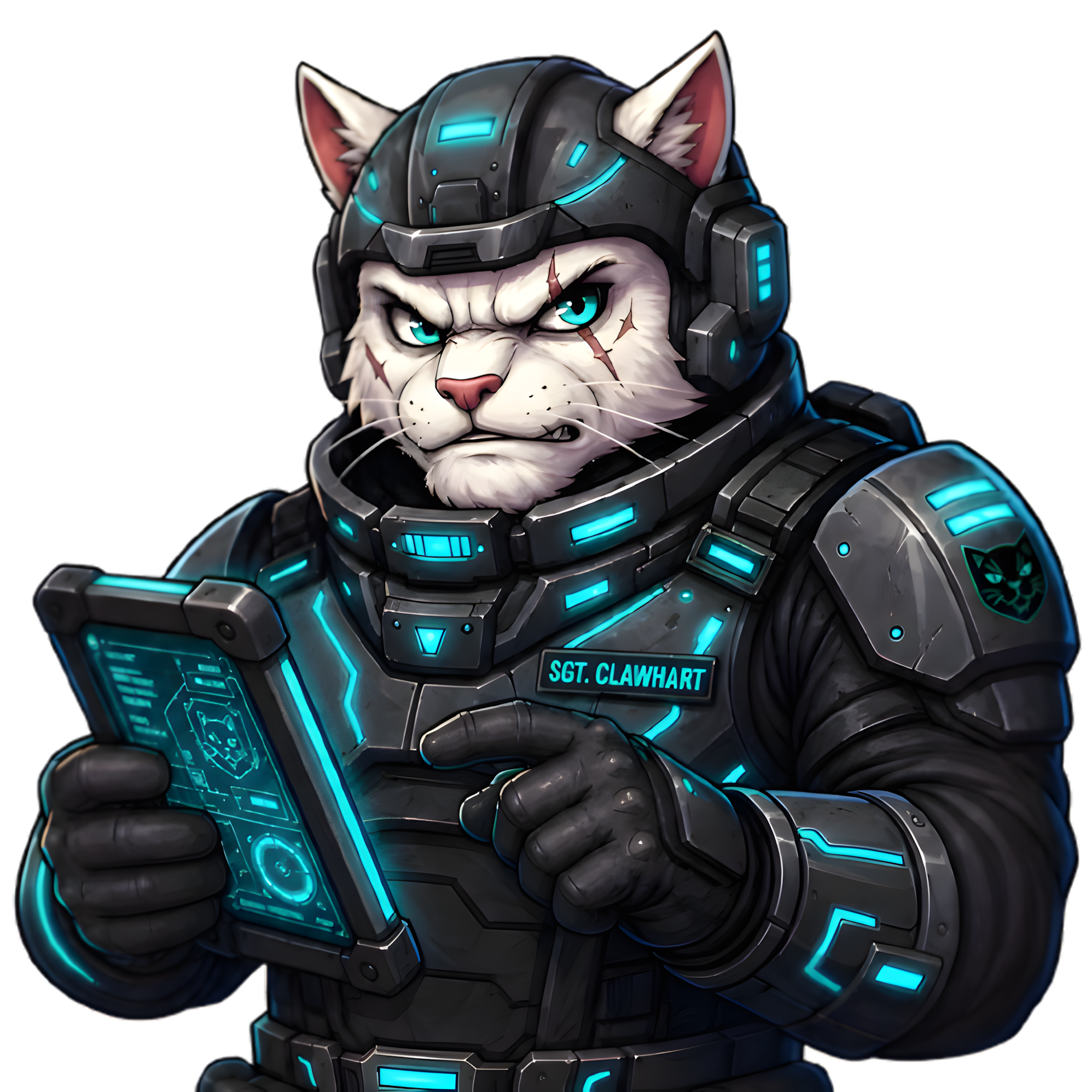Sergeant Clawhart, a white cat in cyan-lit battle armour, holding a field tablet.